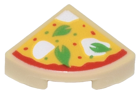 LEGO 25269pb030 - Čtvrtka, kulatá 1 x 1 s plátkem pizzy se zelenými bazalkovými listy a bílým mozzarellovým vzorem