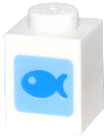 LEGO 3005pb065 - Kostka 1 x 1 s tmavě azurovou rybou na středně modrém čtvercovém vzoru (Animal Crossing Fish Bait)