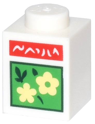 LEGO 3005pb066 - Kostka 1 x 1 s jasně světle žlutými květy a tmavě zelenými listy na jasně zeleném čtverci a červeným pruhem s bílým textovým vzorem (Semínka květin Animal Crossing)