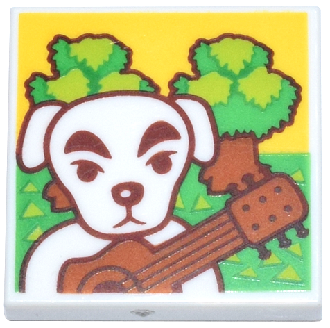 LEGO 3068pb2354 - Dlaždice 2 x 2 s bílým psem, tmavě oranžovou kytarou, jasně zelenou a limetkovou trávou a stromy (obal alba Animal Crossing KK Slider Forest Life)