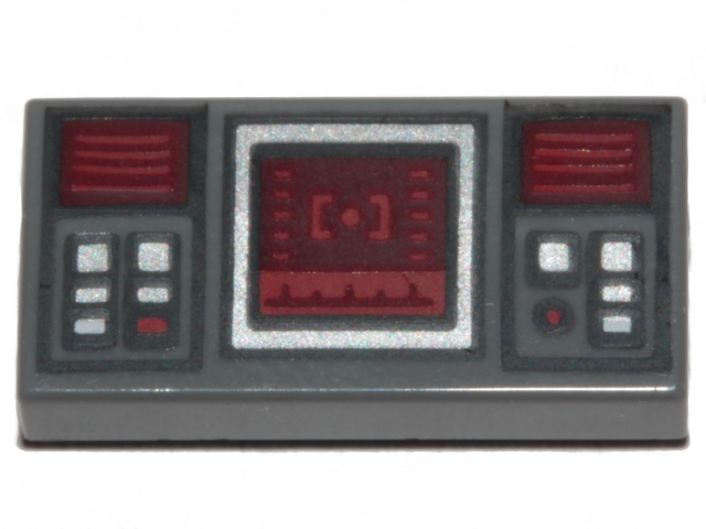 LEGO 3069pb0777 - Dlaždice 1 x 2 s tmavě červenou terčovou obrazovkou SW, vzorem tmavě červených a stříbrných knoflíků