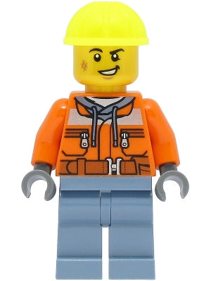 LEGO cty1465 - Vlakový dělník - muž, oranžová bezpečnostní vesta, pískově modré nohy, neonově žlutá stavební helma