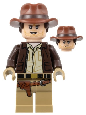 LEGO iaj049 - Indiana Jones - tmavě hnědá bunda, červenohnědý dvojitě tvarovaný klobouk s vlasy, tmavě opálené ruce