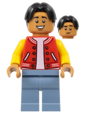 LEGO sh0893 - Ned Leeds - Červeno-žlutá bunda s písmeny, pískově modré nohy