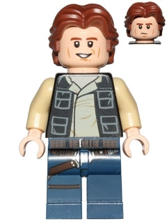LEGO sw0771 - Han Solo, tmavě modré nohy, vesta s kapsami, vlnité vlasy