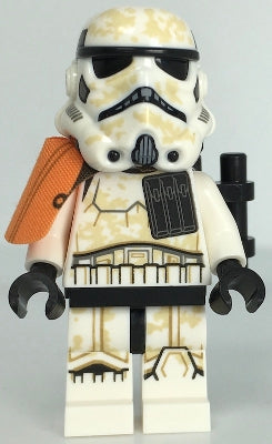 LEGO sw1132 - Velitel jednotky Sandtrooper (kapitán) - Dvojitá lisovaná helma, oranžový chránič na zápěstí, pouzdro na munici, skvrny od nečistot, batoh na přežití, zamračený výraz