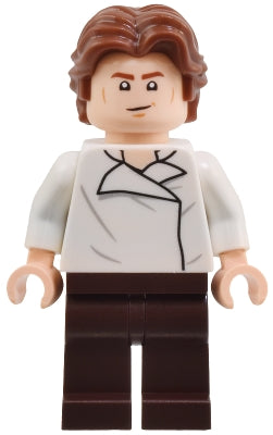 LEGO sw1371 - Han Solo - Bílé tričko s vráskami vpředu a vzadu, tmavě hnědé nohy, vlnité vlasy