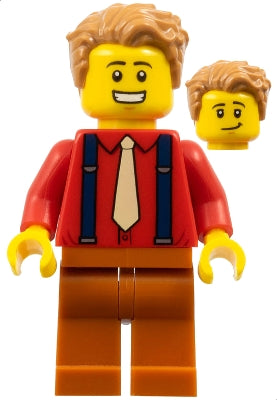 LEGO twn386 - Muž, středně nugátové vlasy, červená košile, hnědá kravata, tmavě modré šle, tmavě oranžové nohy