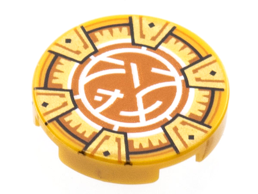 LEGO 14769pb501 - Dlaždice, kulatá 2 x 2 se spodním držákem na cvočky se zlatým rámečkem se 6 šípy, tmavě oranžovým a bílým vzorem loga na jádru