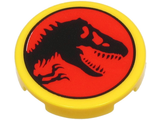 LEGO 14769pb614 - Dlaždice, kulatá 2 x 2 se spodním držákem na cvočky s černým dinosaurem na červeném pozadí (logo Jurského parku) vzor