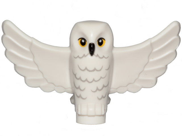 LEGO 67632pb01 - Sova s ​​roztaženými křídly, černým zobákem, žlutýma očima a světle modrošedým vzorem zvlněného peří na hrudi (HP Hedvika)
